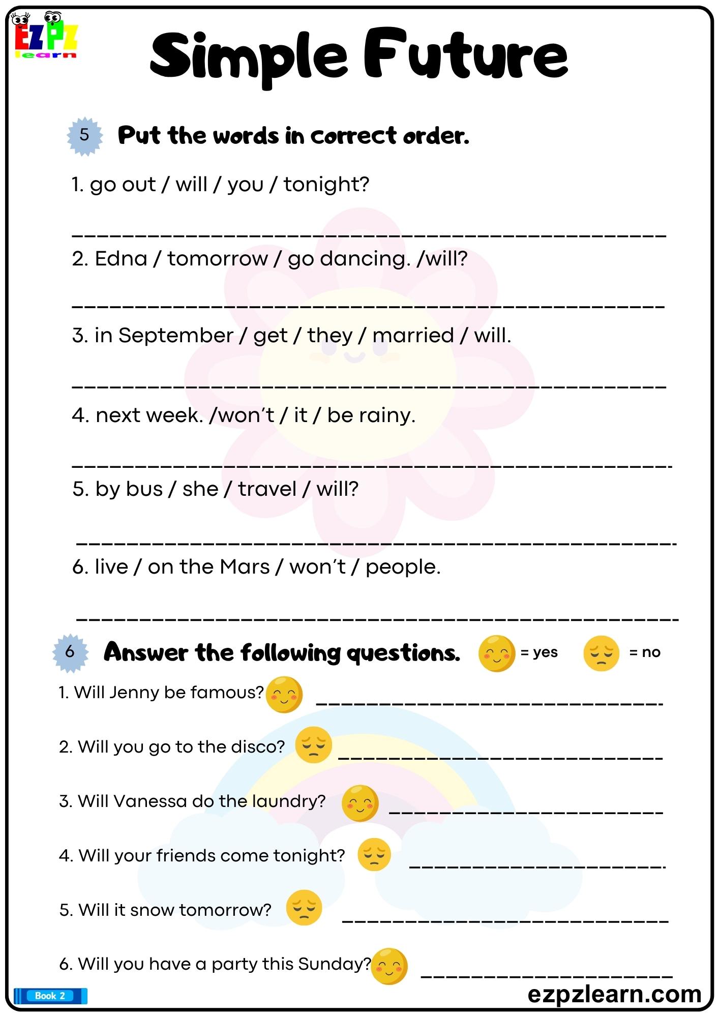 Simple future put the words in the correct order. printable worksheet pdf